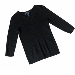 Karen Scott Cable Knit Cotton Sweater Top V Neck 3/4 Sleeve Black Petite
